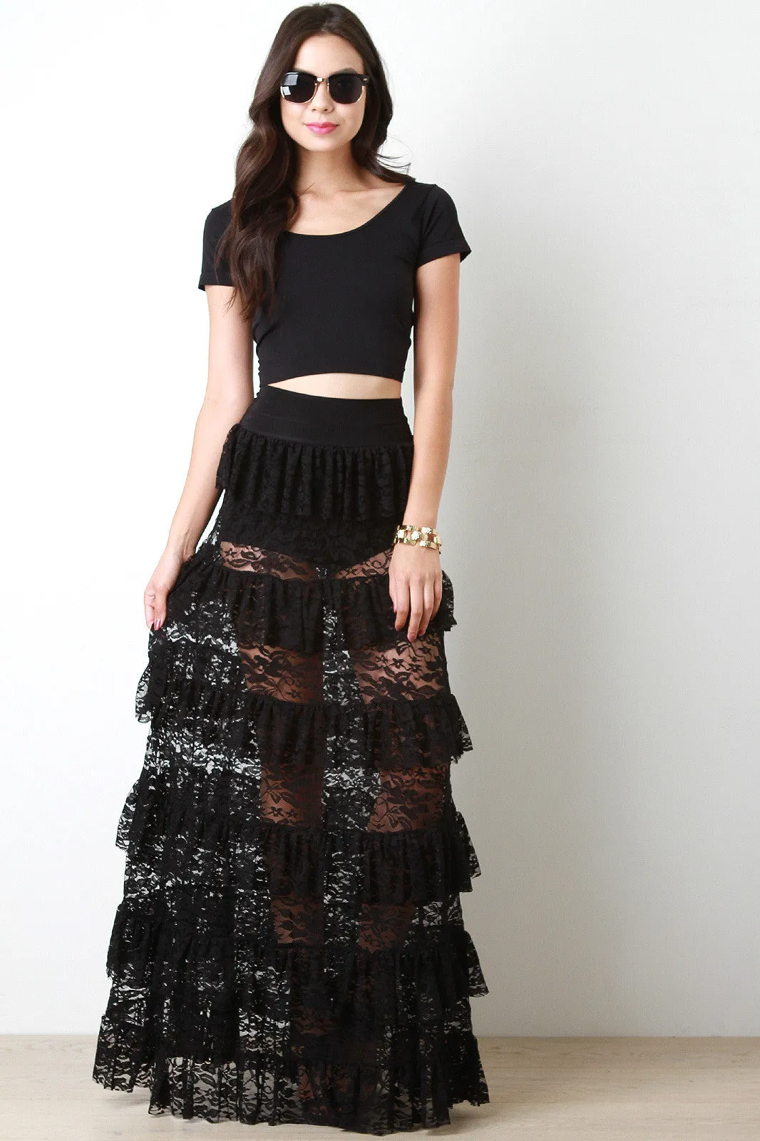 Semi-Sheer Floral Lace Ruffle Tier Maxi Skirt