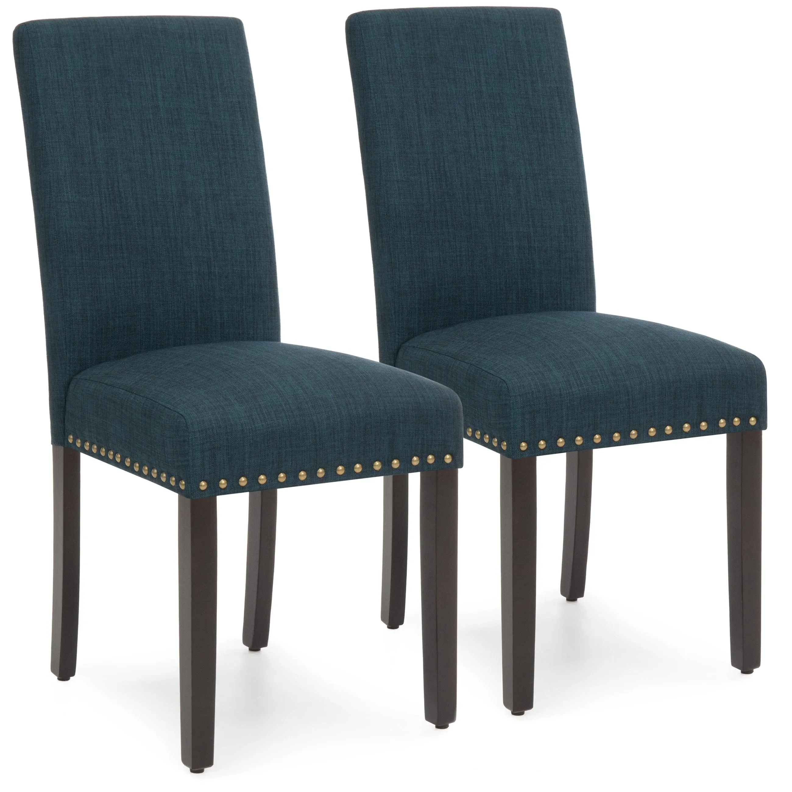 Set of 2 Upholstered Parsons Accent Dining Chairs w/ Wood Legs, Studded Trim