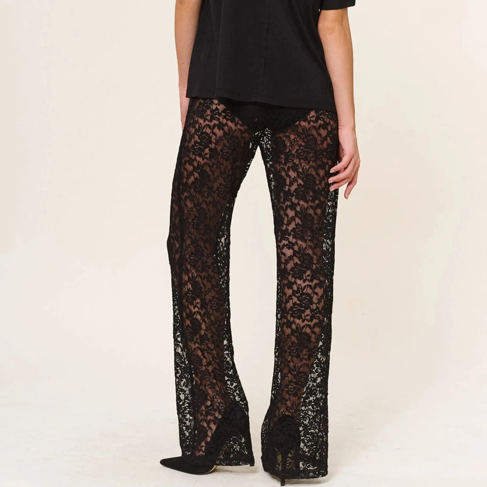 Sheer Lace Transparent Gothic High Waist Wide Leg Flare Sexy Pants