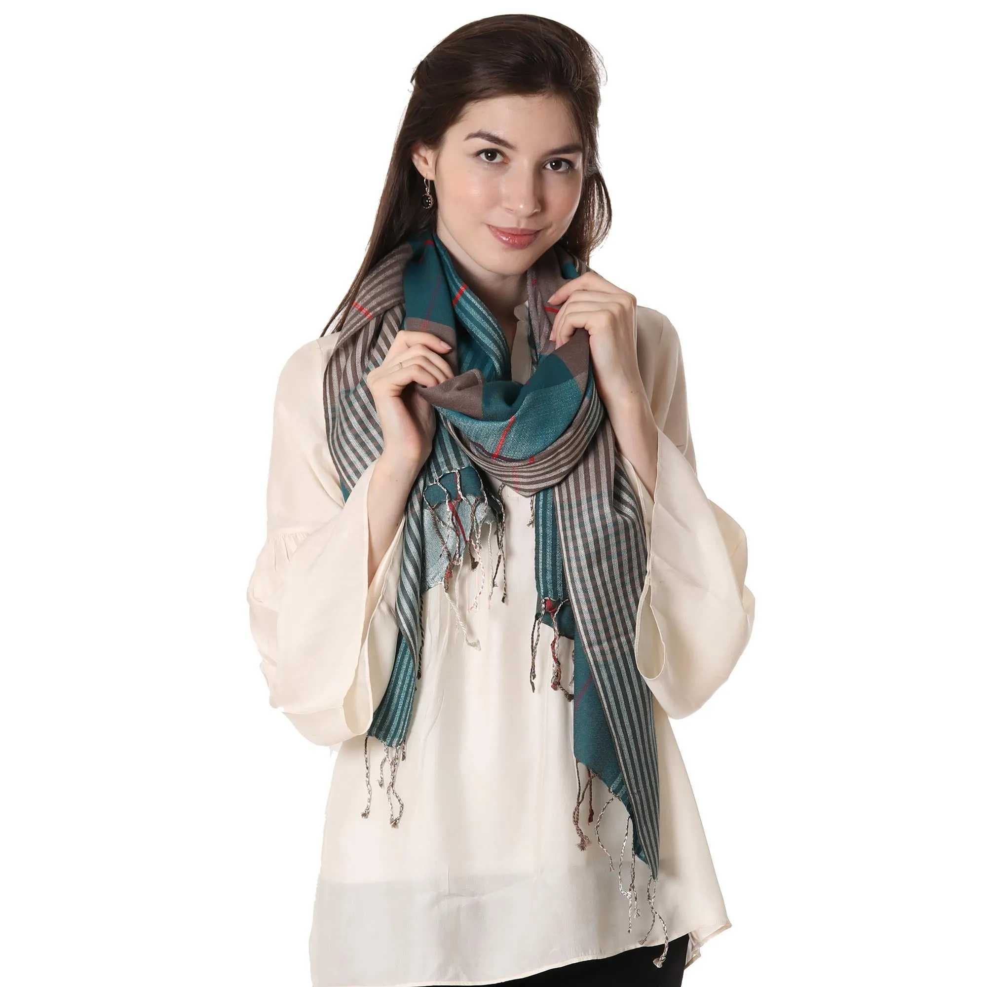 Silk and Wool Blend Checkered Shawl from India - Symphonic Checks | NOVICA