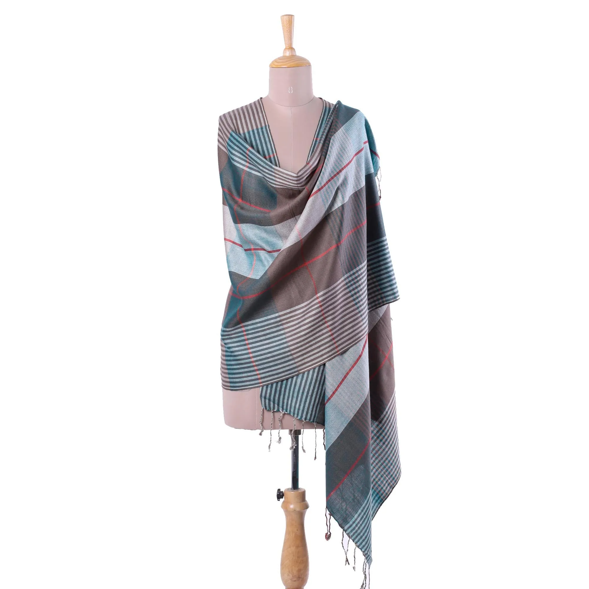 Silk and Wool Blend Checkered Shawl from India - Symphonic Checks | NOVICA