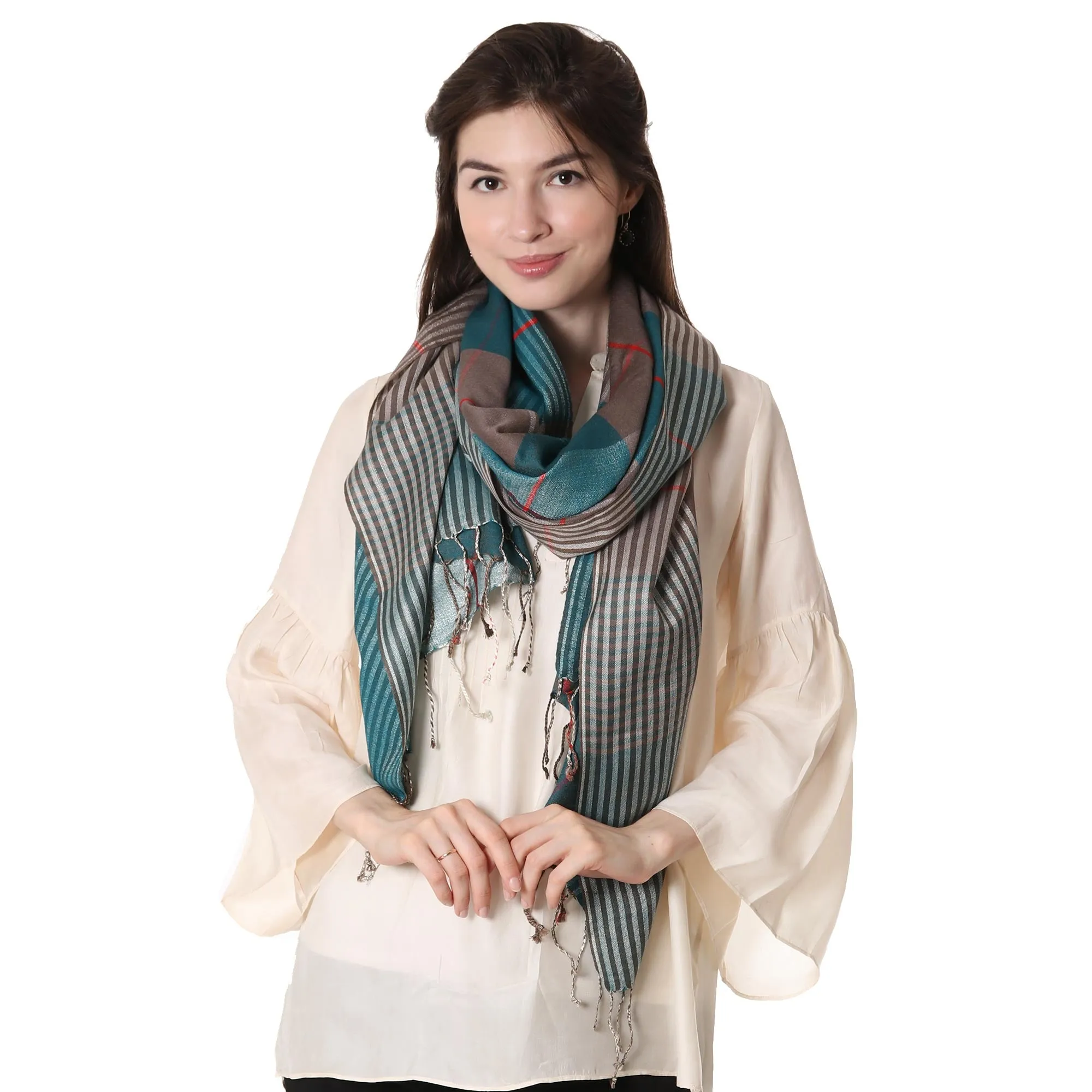 Silk and Wool Blend Checkered Shawl from India - Symphonic Checks | NOVICA