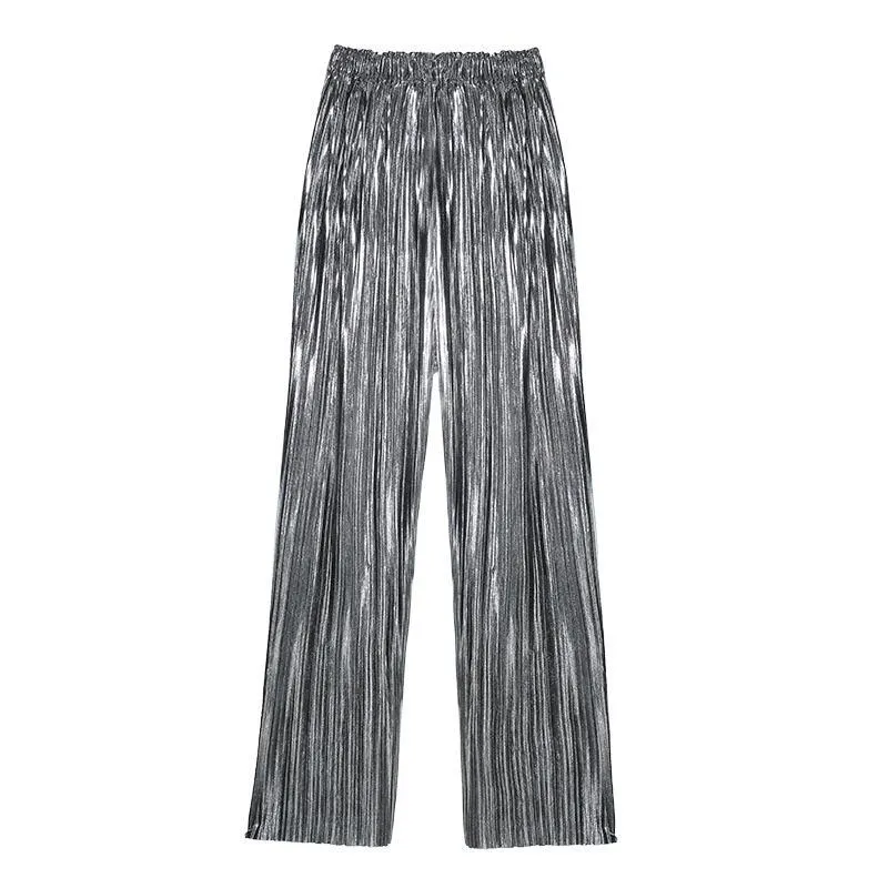 Silver Metallic Shiny Long Oversized Elastic Elegant Pants