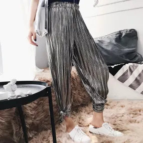 Silver Metallic Shiny Long Oversized Elastic Elegant Pants