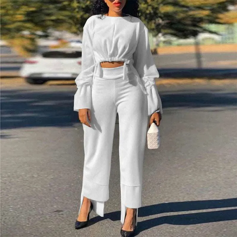 Smock Long Sleeve Tie Crop Top and High Waist Pants