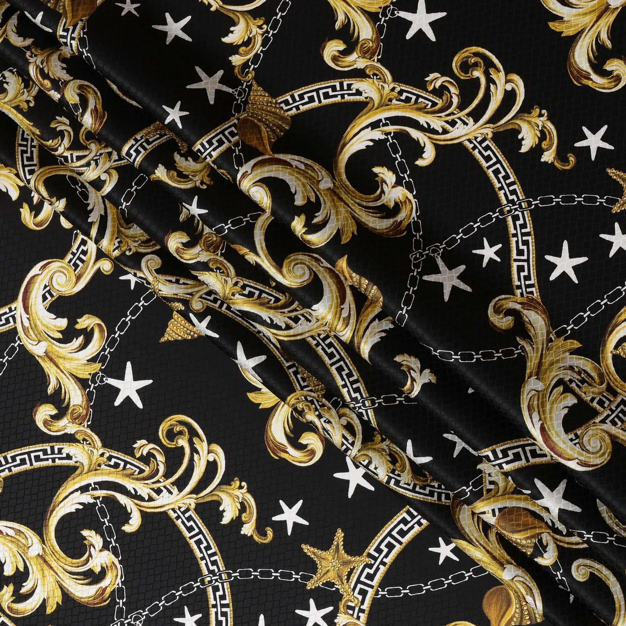 South Korean Silk Satin Jacquard Fabric with Ornate Baroque and Star Design on Black Background – 150 cm Width-D20339