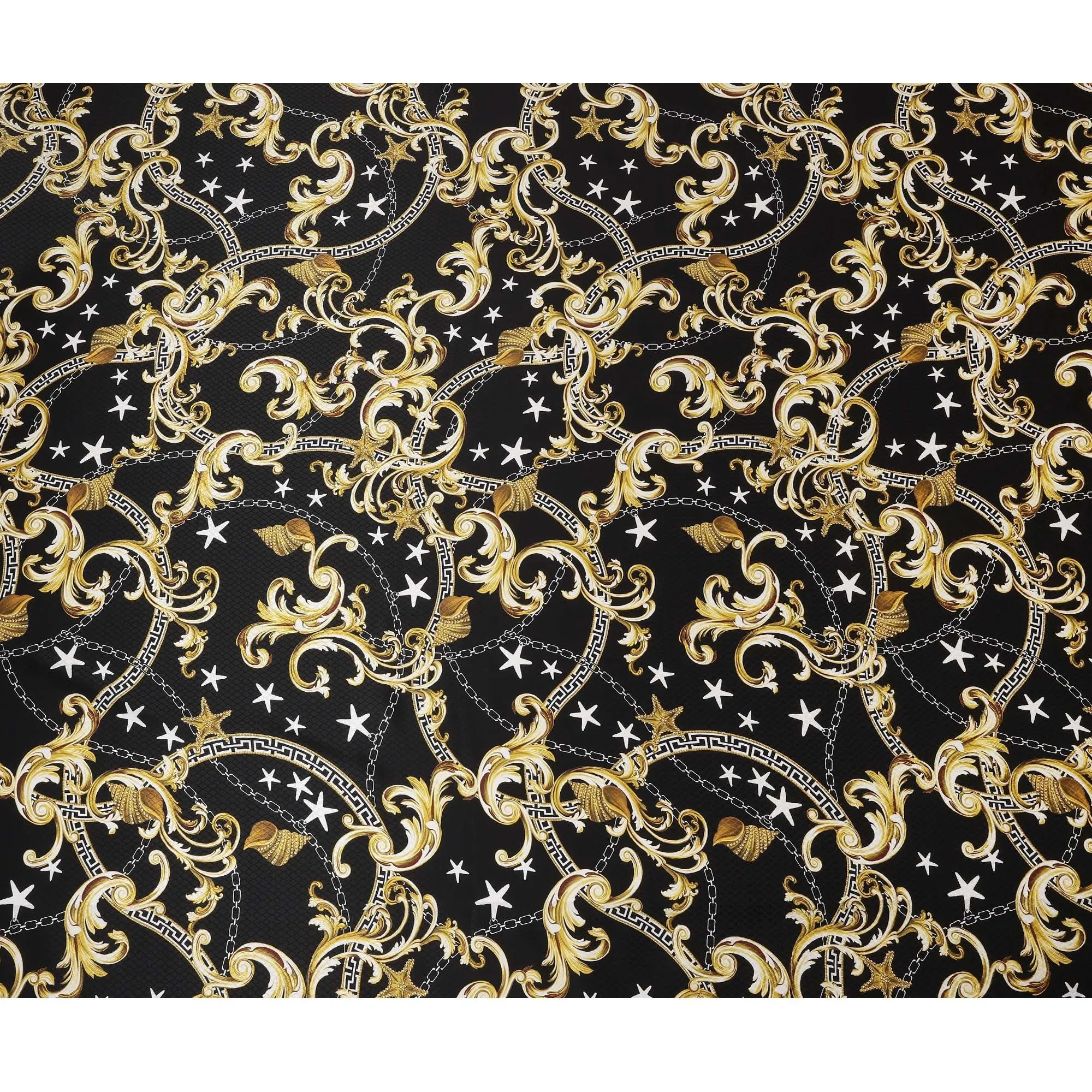 South Korean Silk Satin Jacquard Fabric with Ornate Baroque and Star Design on Black Background – 150 cm Width-D20339