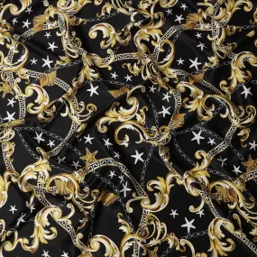 South Korean Silk Satin Jacquard Fabric with Ornate Baroque and Star Design on Black Background – 150 cm Width-D20339