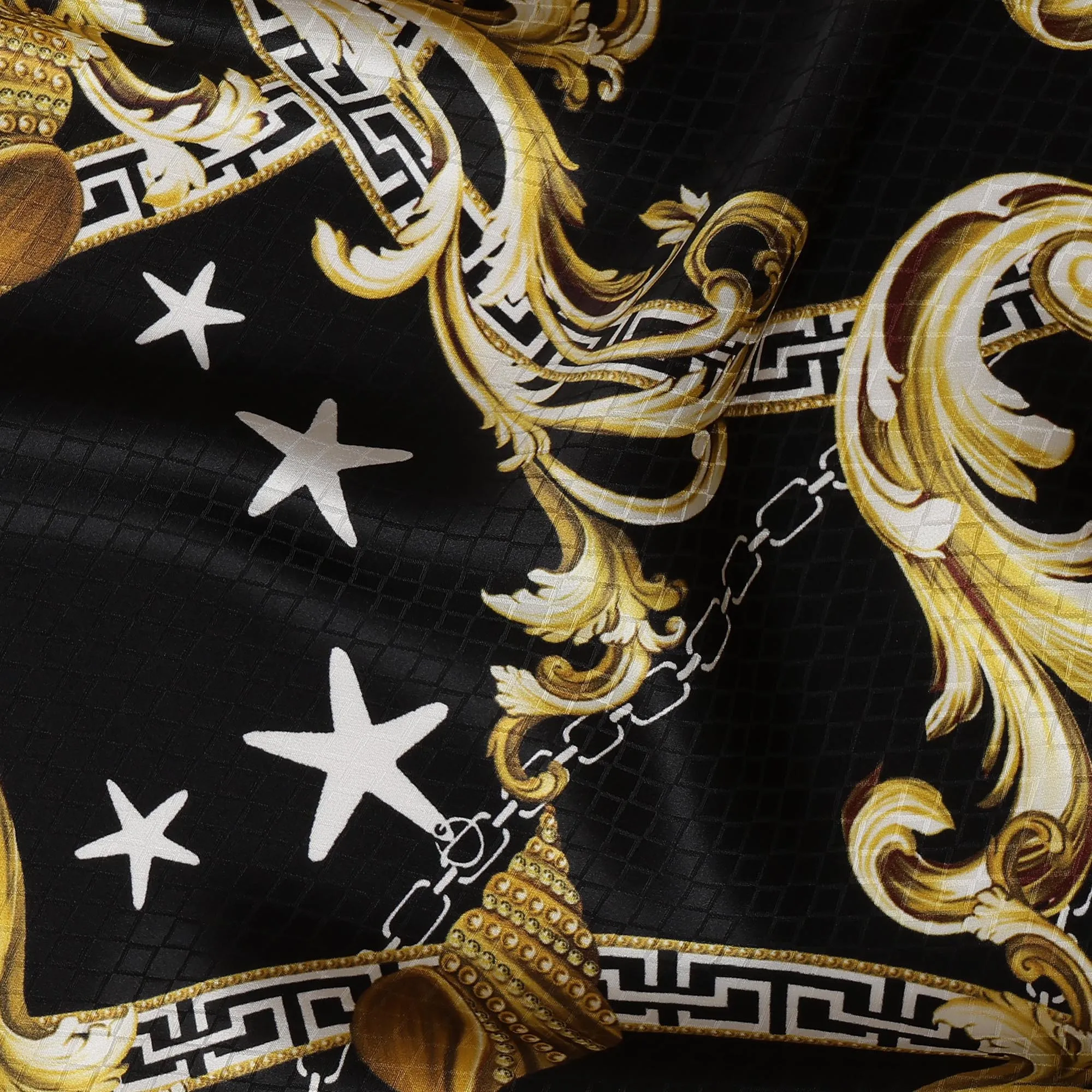 South Korean Silk Satin Jacquard Fabric with Ornate Baroque and Star Design on Black Background – 150 cm Width-D20339