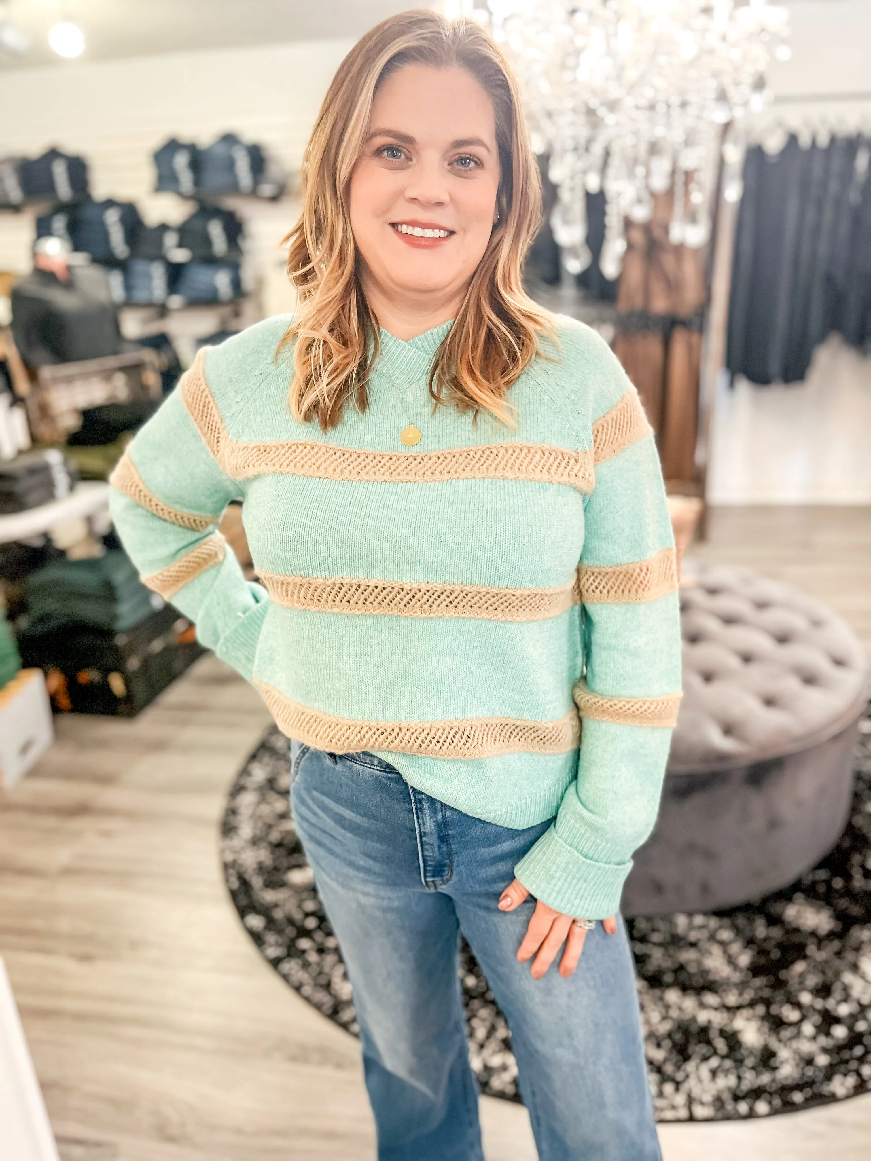 Teal Open Stitched Stripe Sweater