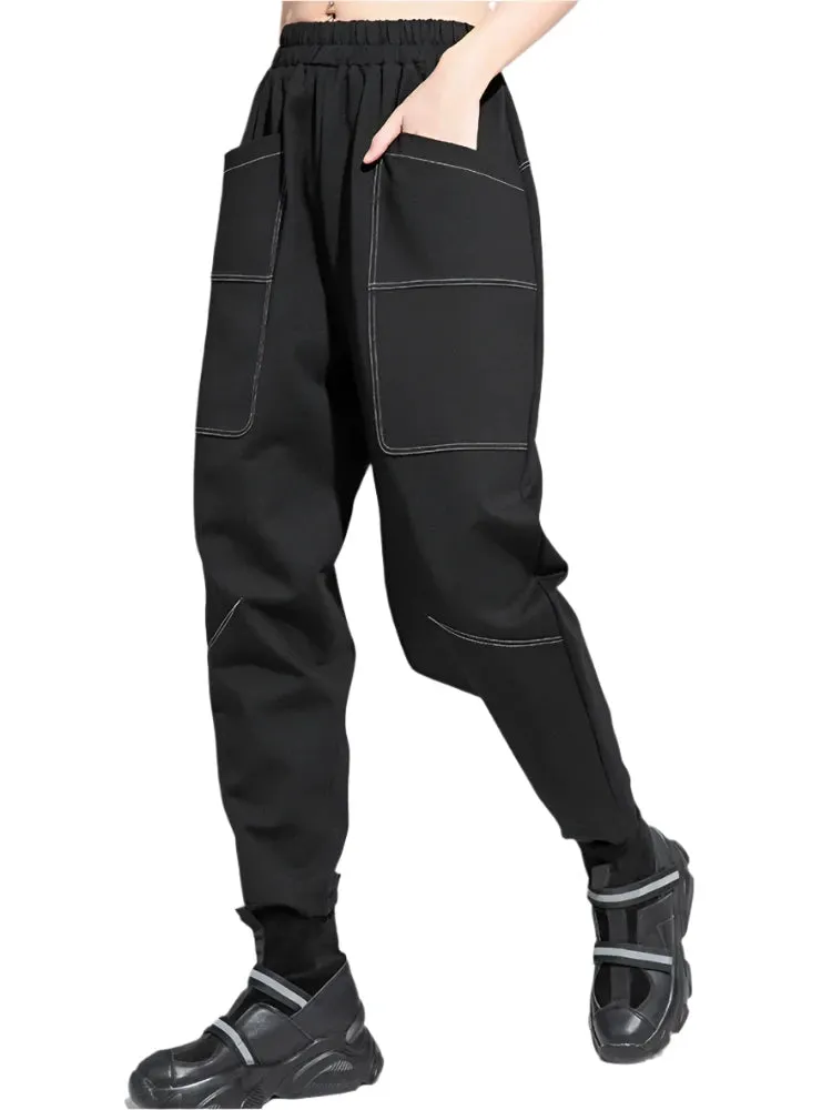 TEEK - Black Pocket Top Stitched Womens Harem Pants