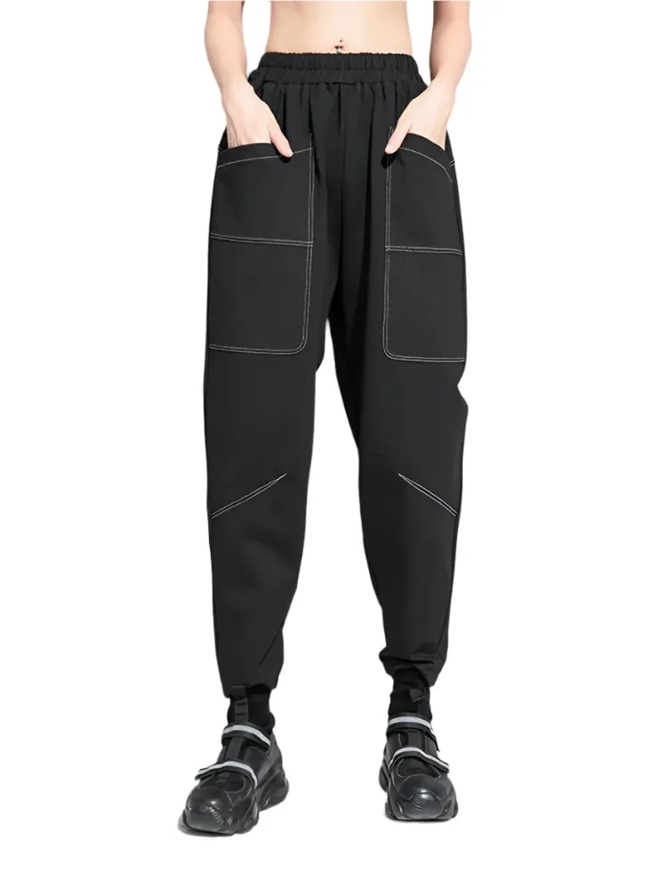 TEEK - Black Pocket Top Stitched Womens Harem Pants