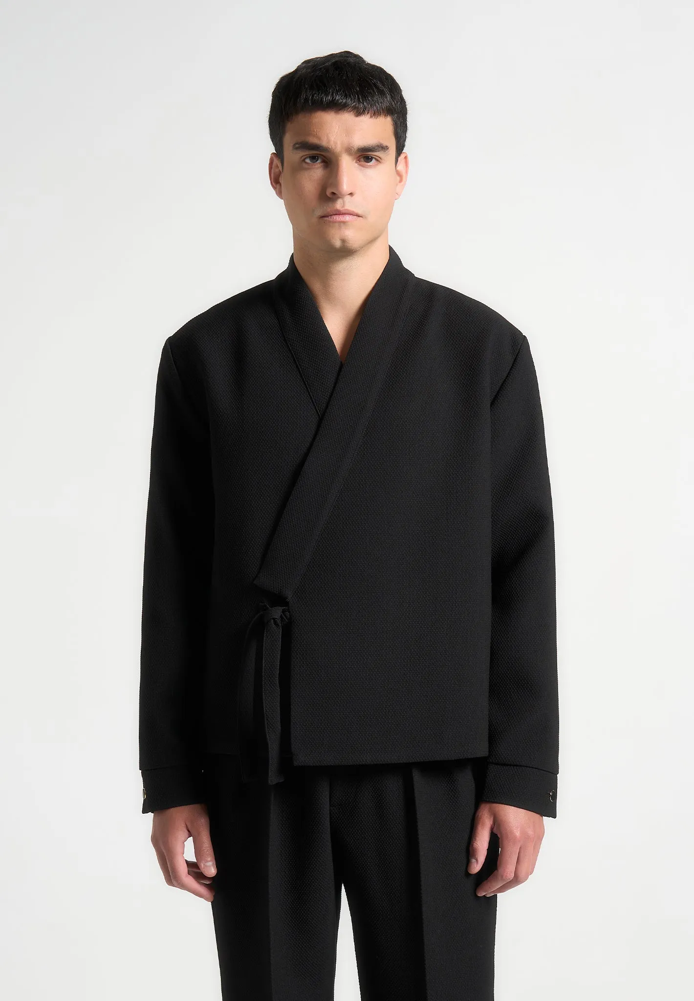 Textured Kimono Wrap Jacket - Black