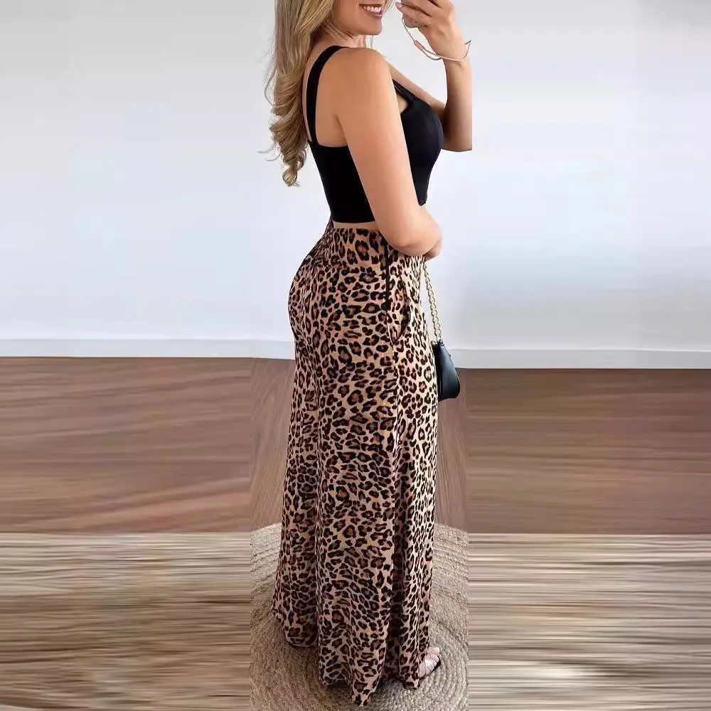 Toleet fall outfits 2024 Women's Elegant Printed Open Waist Vest Leopard Print High Waist Wide Leg Pants Suit