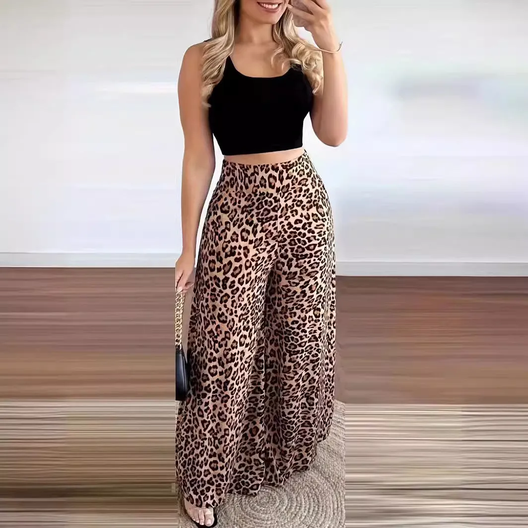 Toleet fall outfits 2024 Women's Elegant Printed Open Waist Vest Leopard Print High Waist Wide Leg Pants Suit