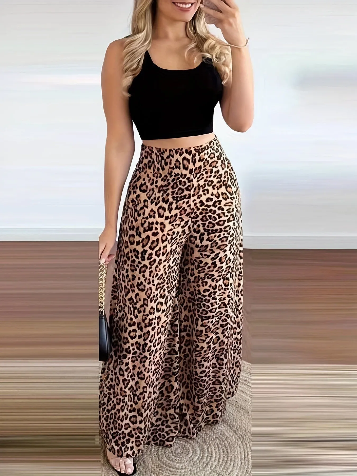 Toleet fall outfits 2024 Women's Elegant Printed Open Waist Vest Leopard Print High Waist Wide Leg Pants Suit