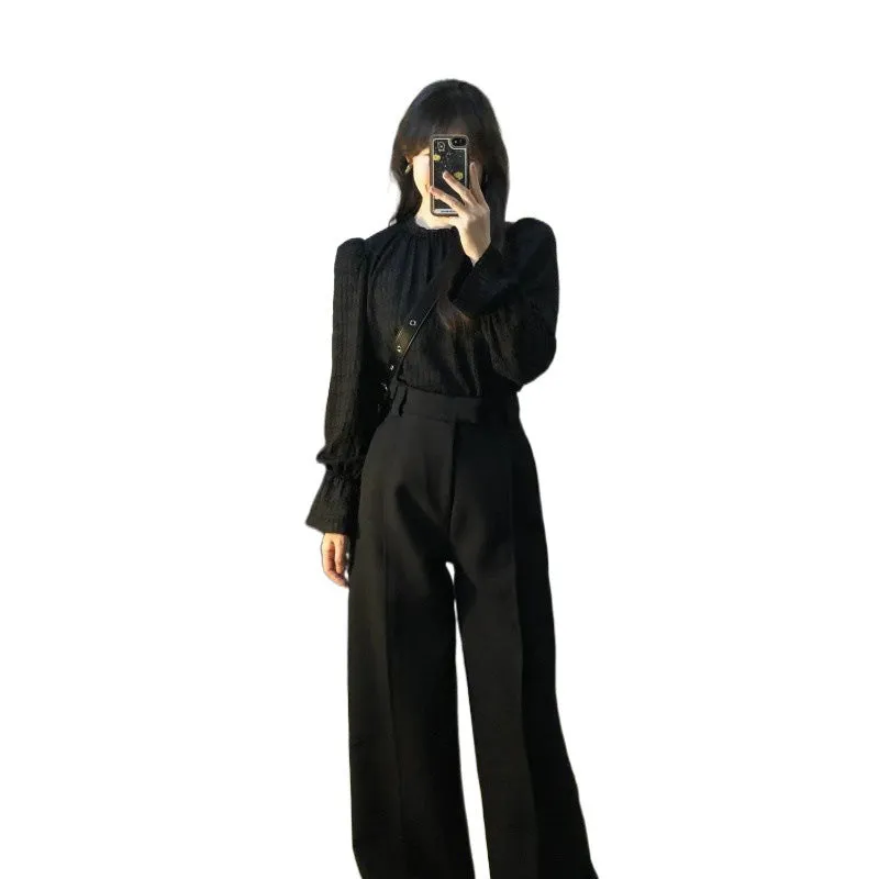 Toleet trending fall outfits 2024 High-End Elegant Pleated Lantern Sleeve Shirt Suit Women's Early Autumn High Waist Straight Loose Slimming Suit Wide Leg Pants