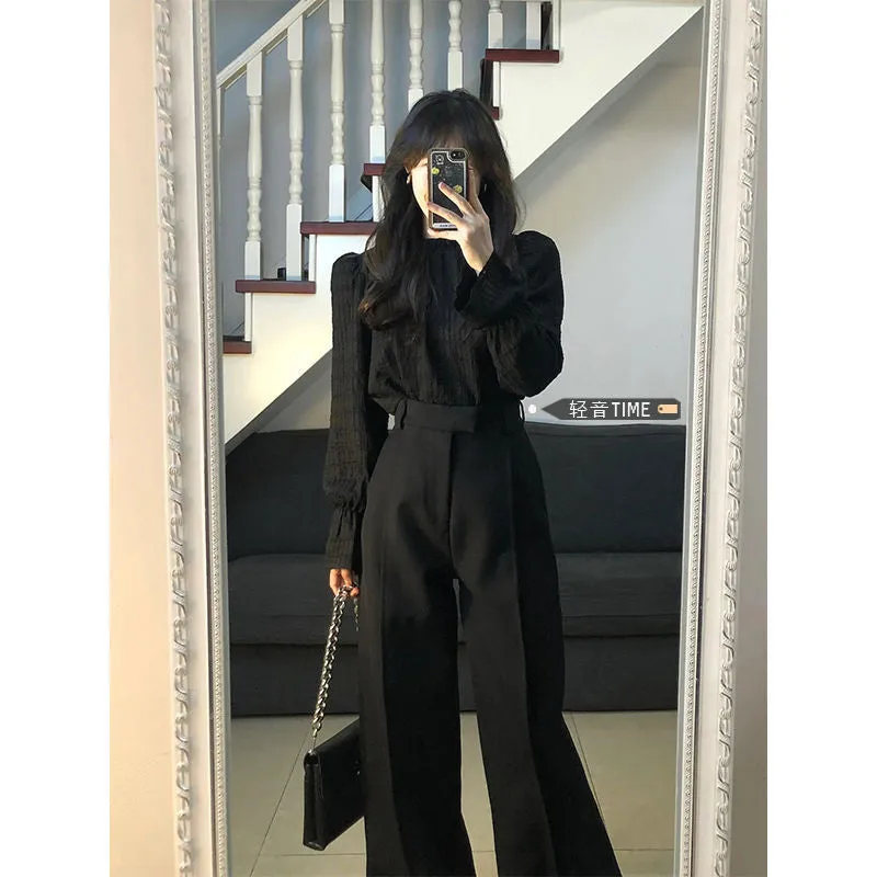 Toleet trending fall outfits 2024 High-End Elegant Pleated Lantern Sleeve Shirt Suit Women's Early Autumn High Waist Straight Loose Slimming Suit Wide Leg Pants