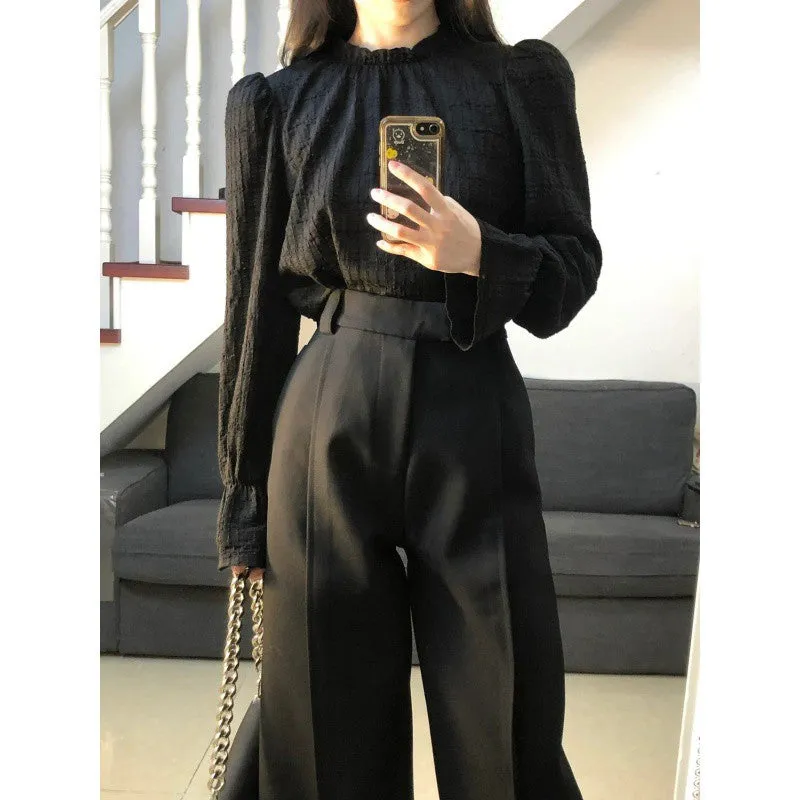 Toleet trending fall outfits 2024 High-End Elegant Pleated Lantern Sleeve Shirt Suit Women's Early Autumn High Waist Straight Loose Slimming Suit Wide Leg Pants