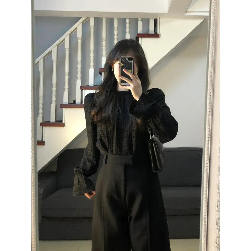 Toleet trending fall outfits 2024 High-End Elegant Pleated Lantern Sleeve Shirt Suit Women's Early Autumn High Waist Straight Loose Slimming Suit Wide Leg Pants