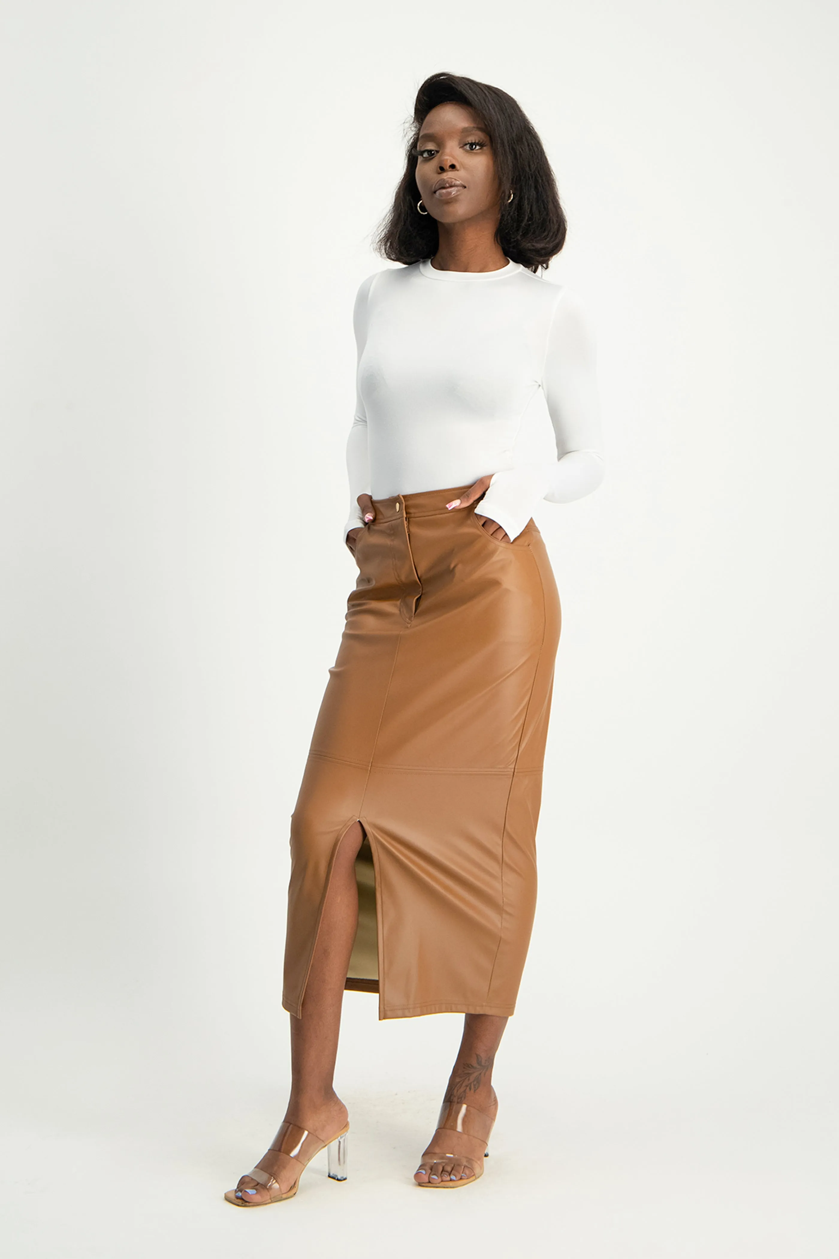 Tori Faux Leather Skirt - Brown