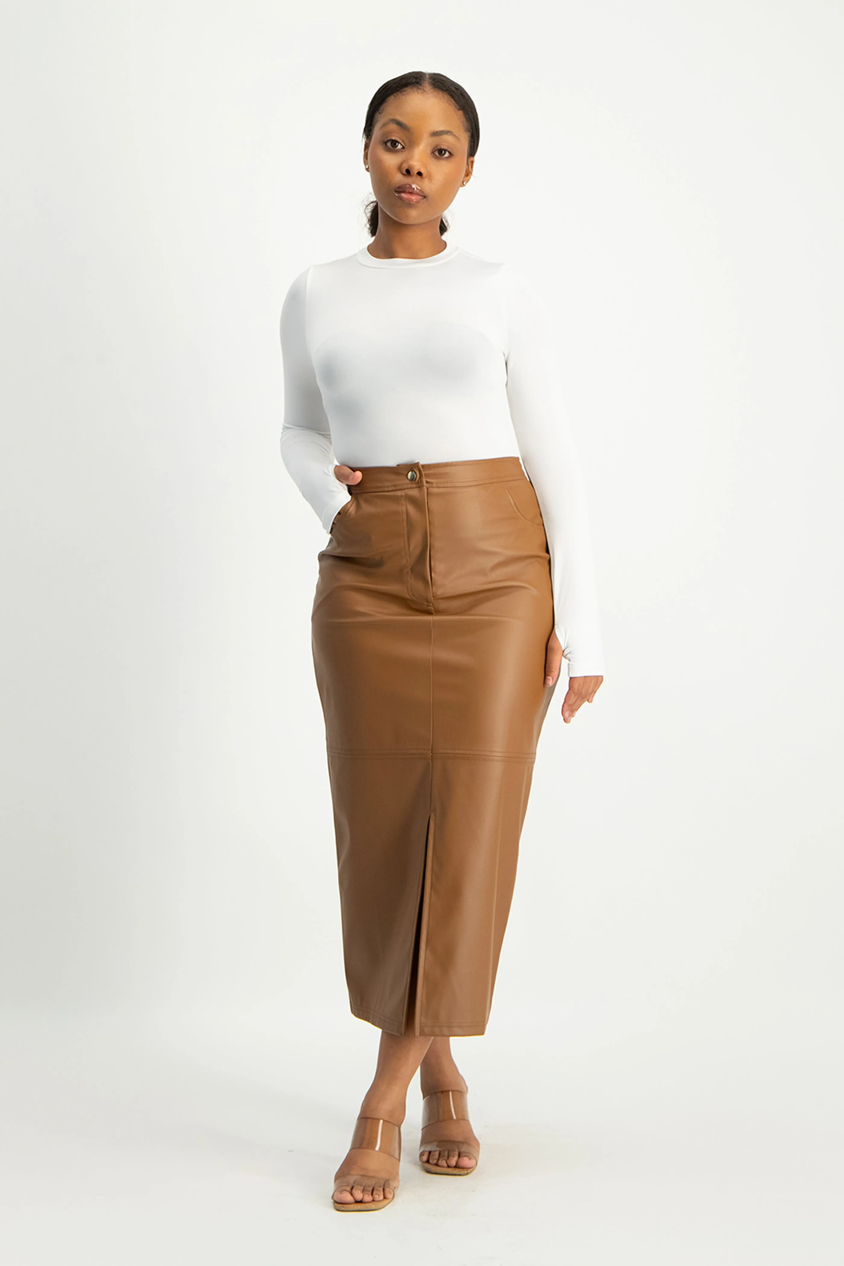 Tori Faux Leather Skirt - Brown