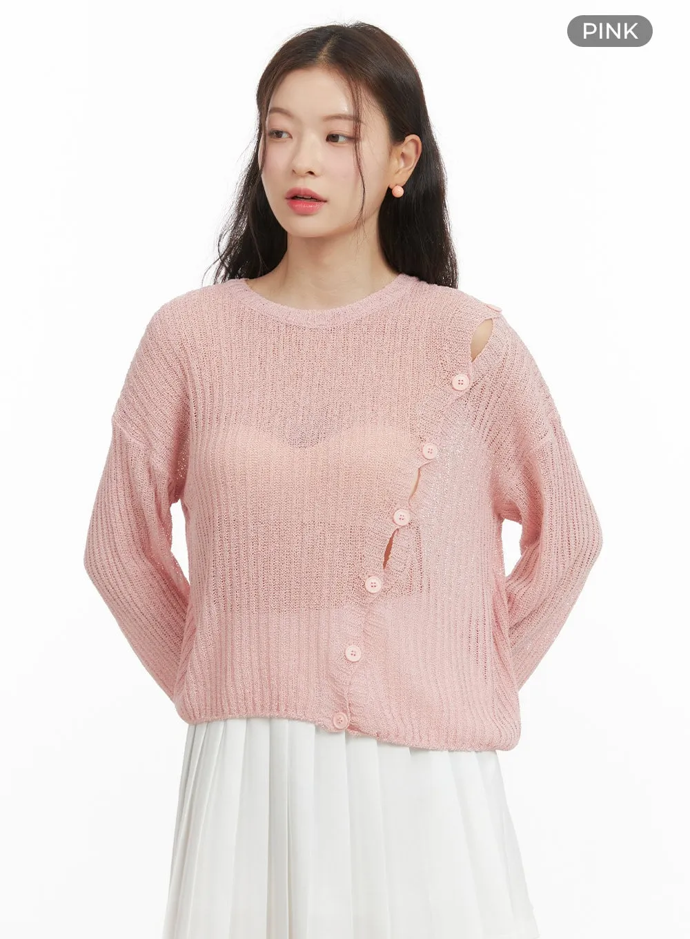 Unbalanced Buttoned Hollow Out Sweater OY421