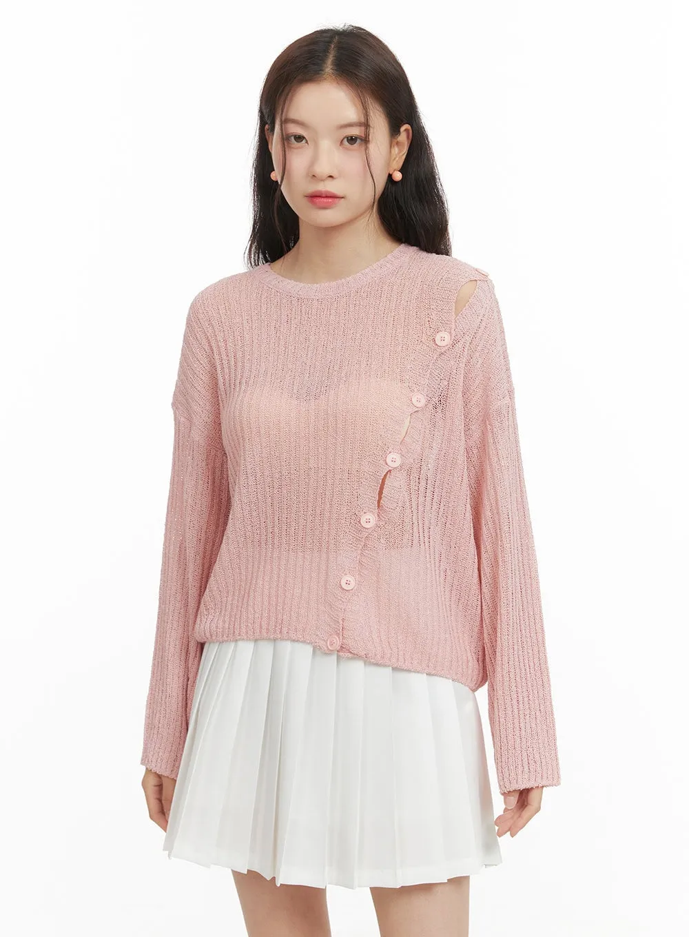 Unbalanced Buttoned Hollow Out Sweater OY421