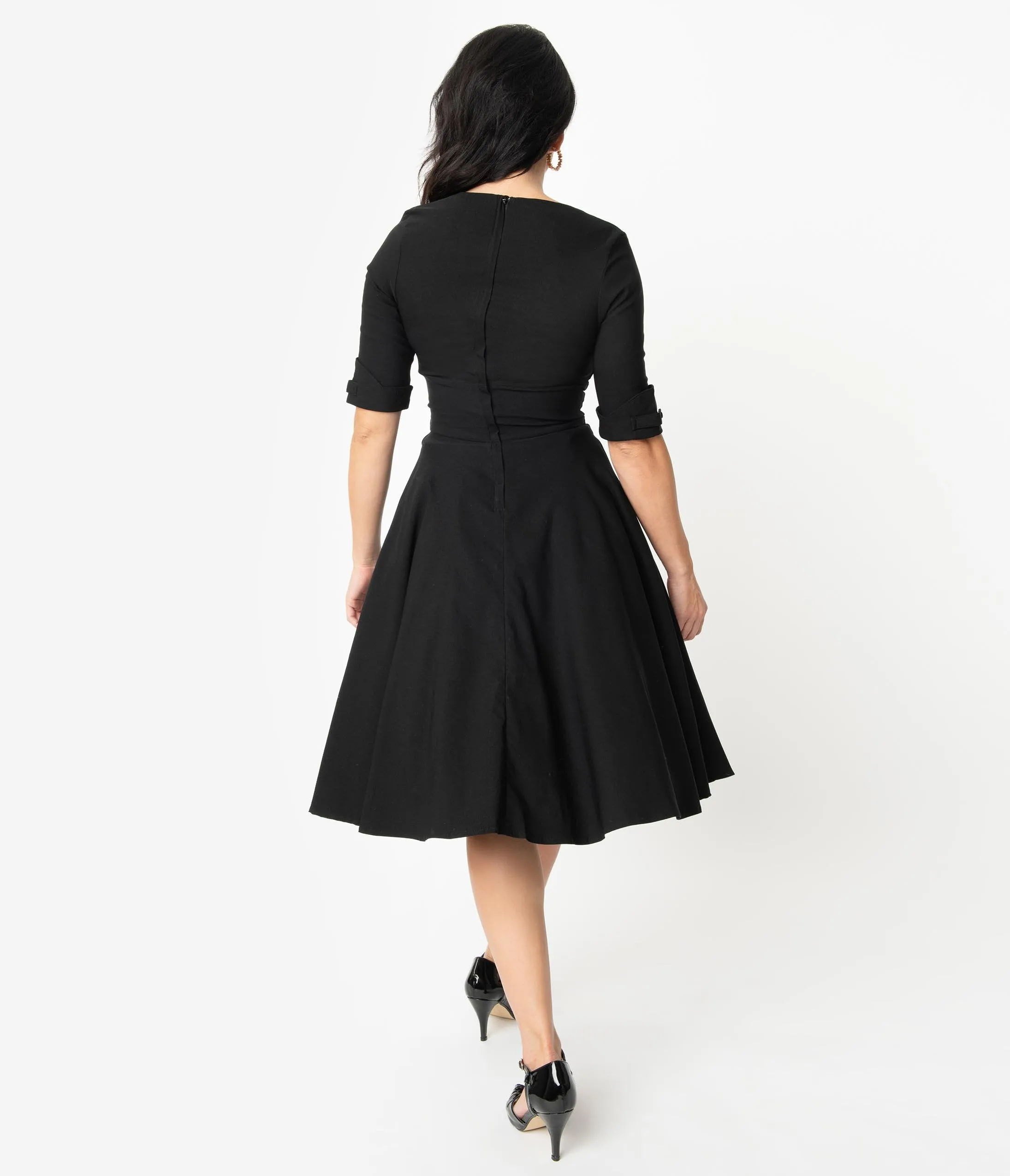 Unique Vintage 1950s Black Delores Swing Dress with Sleeves