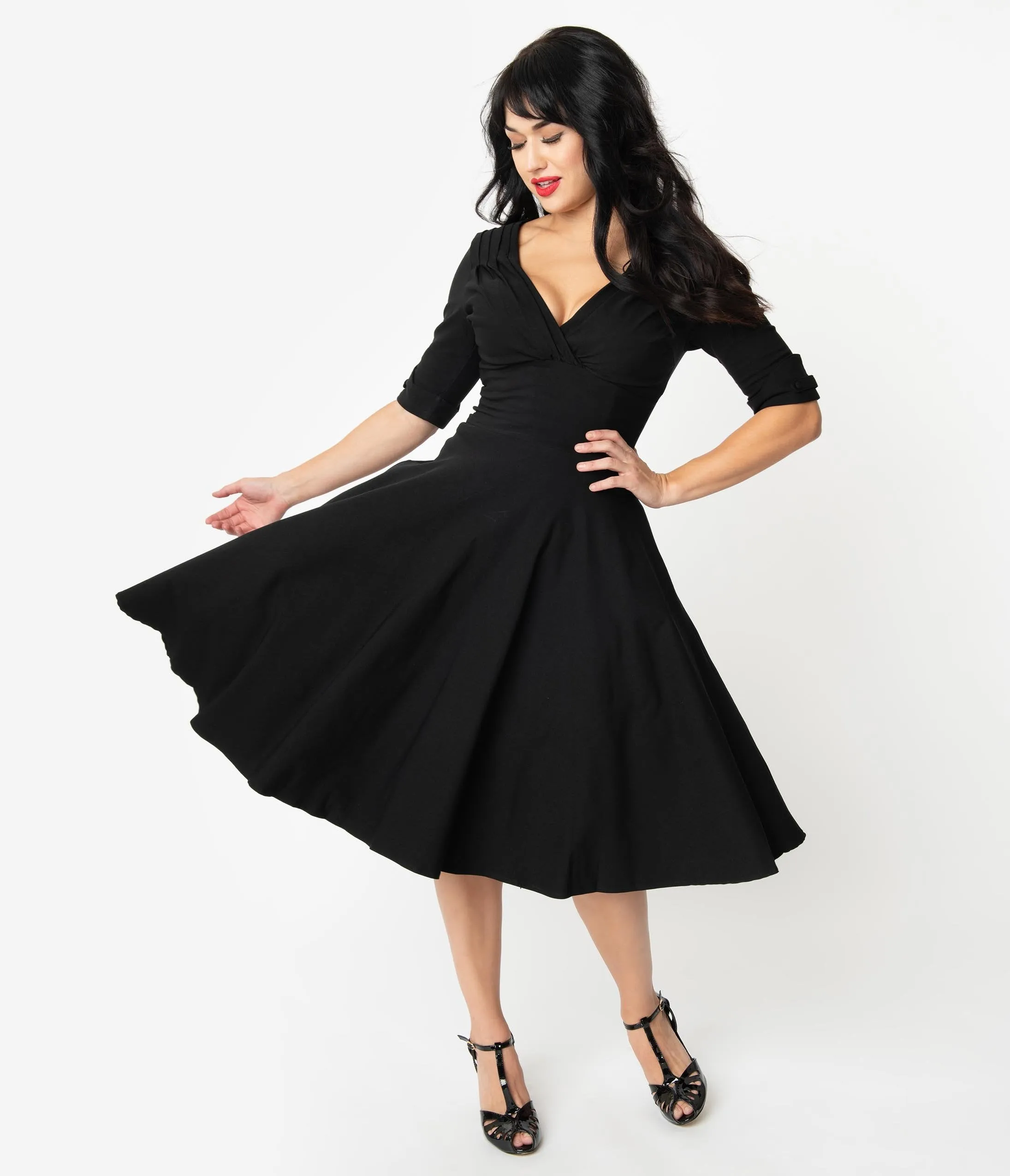 Unique Vintage 1950s Black Delores Swing Dress with Sleeves