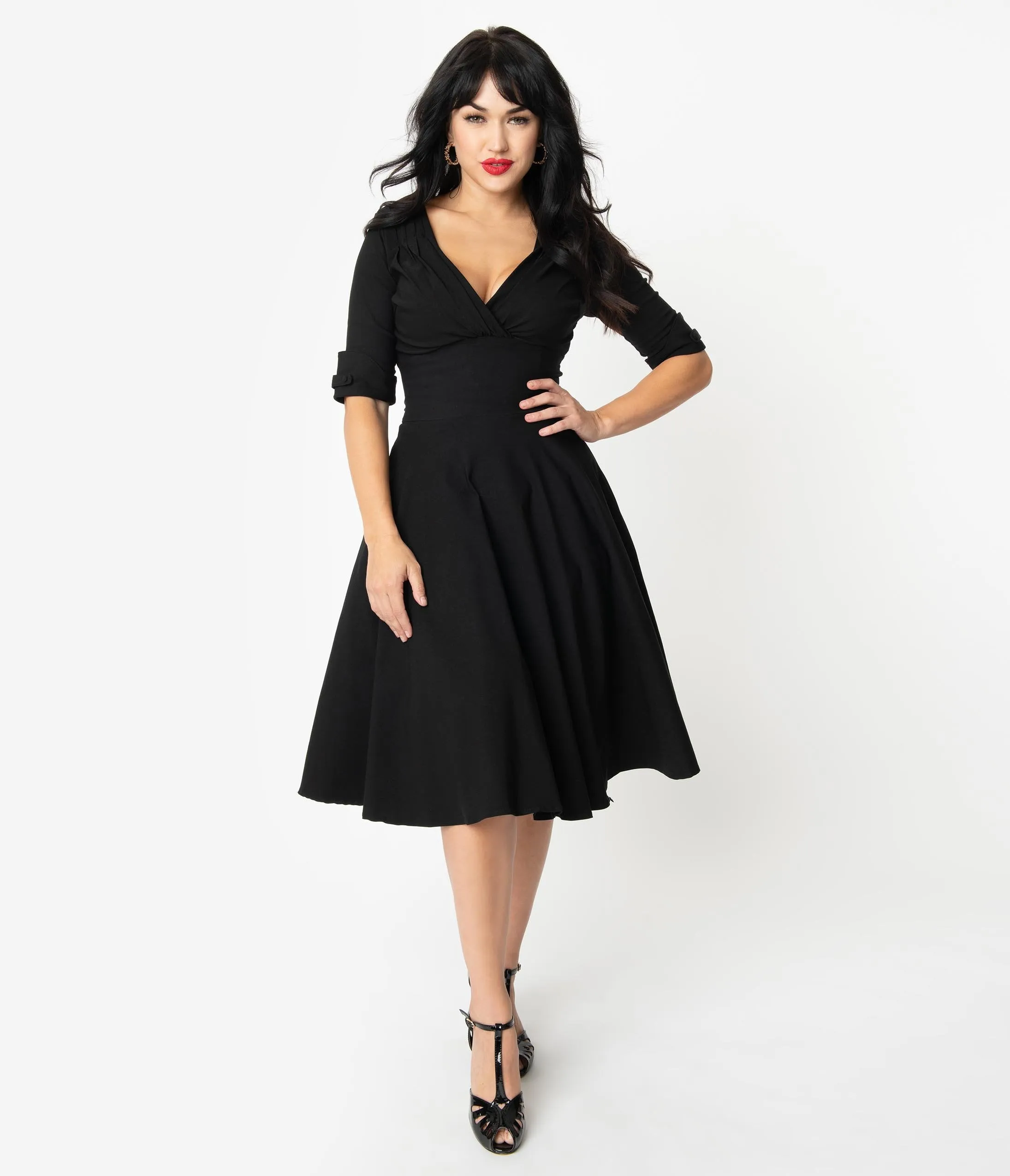 Unique Vintage 1950s Black Delores Swing Dress with Sleeves