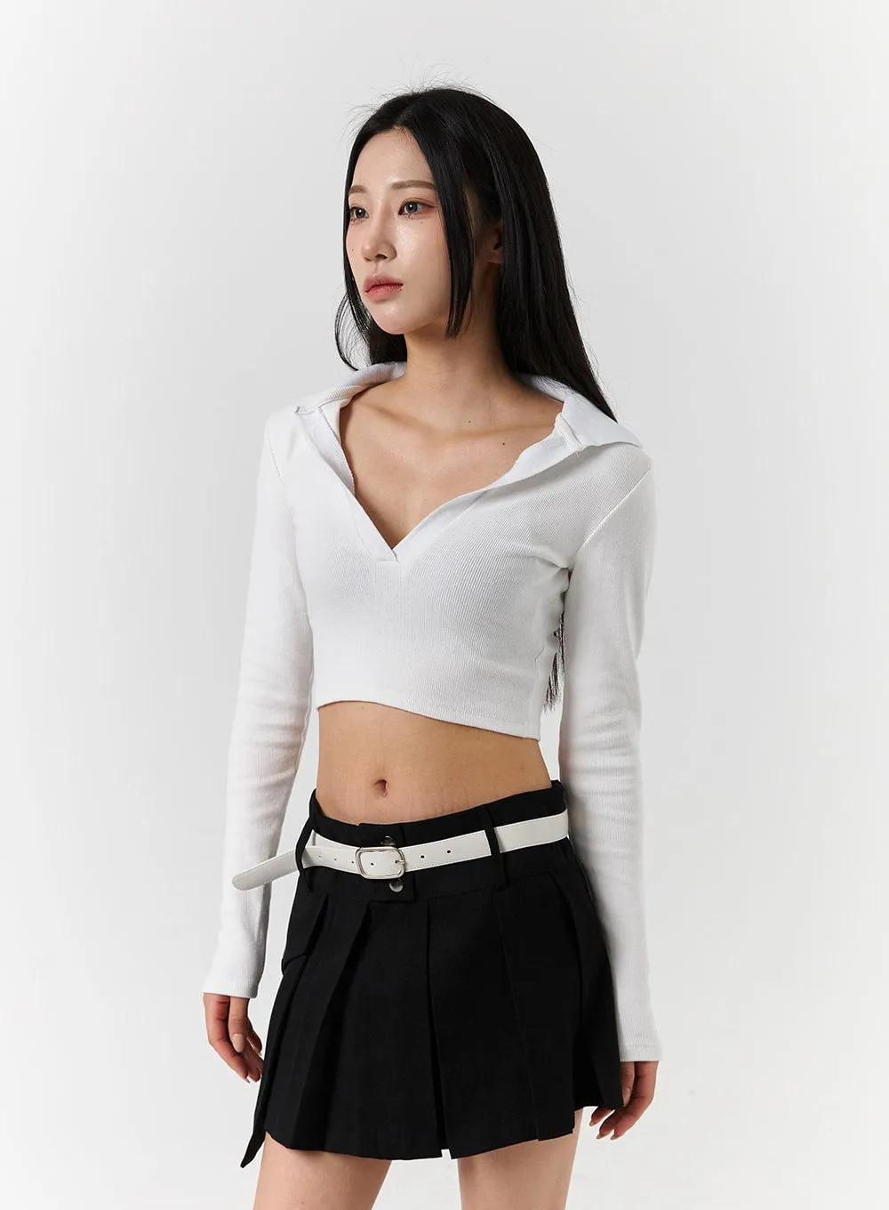 V-Neck Collar Long Sleeve Crop Tee CD322