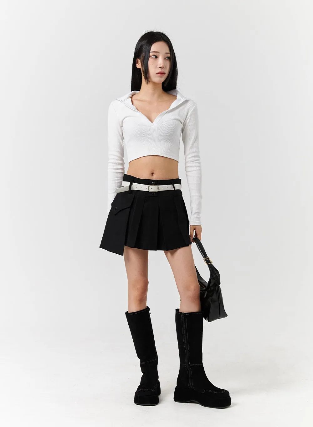 V-Neck Collar Long Sleeve Crop Tee CD322