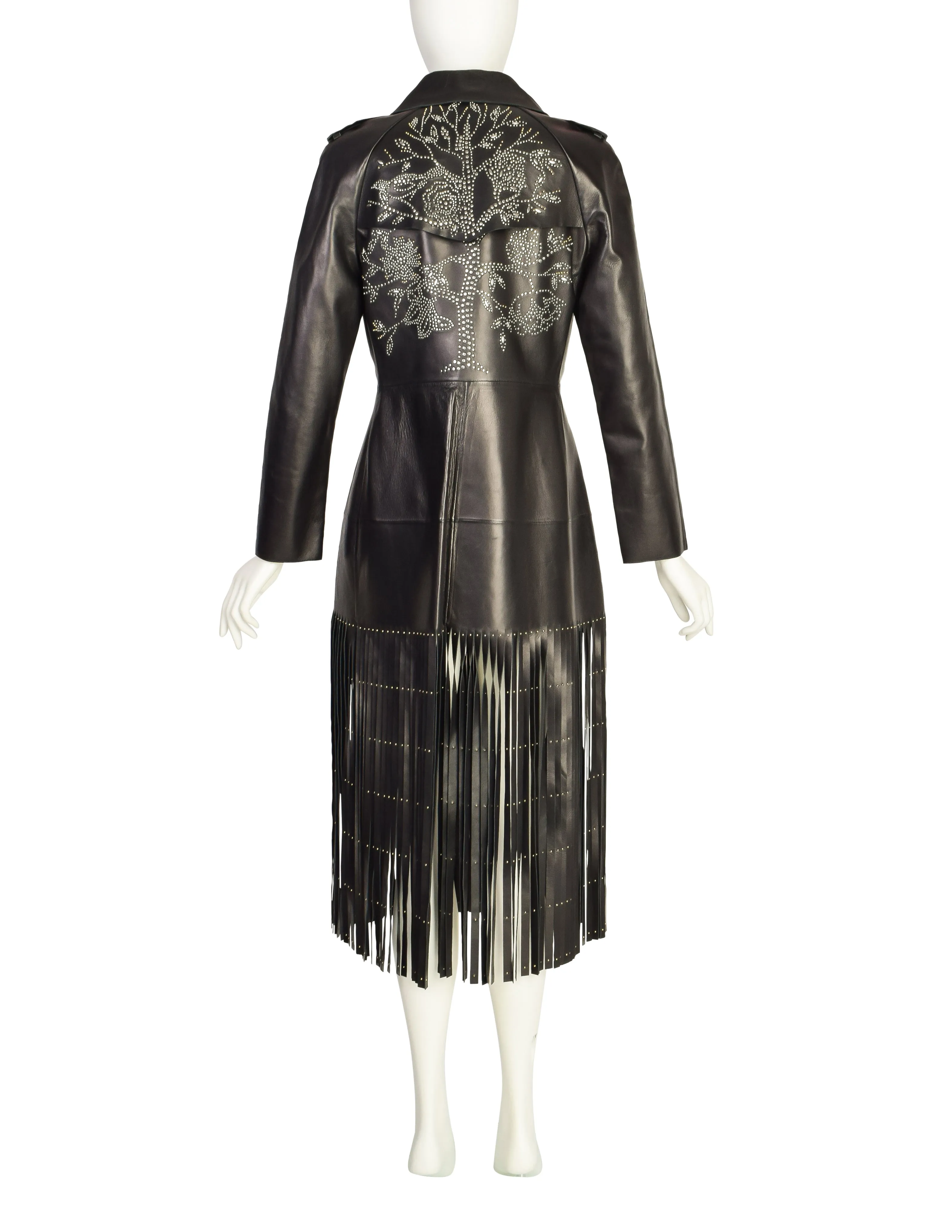 Valentino Resort 2015 REMARKABLE Black Leather Gold & Silver Studded 'Tree of Life' Fringe Trench Coat