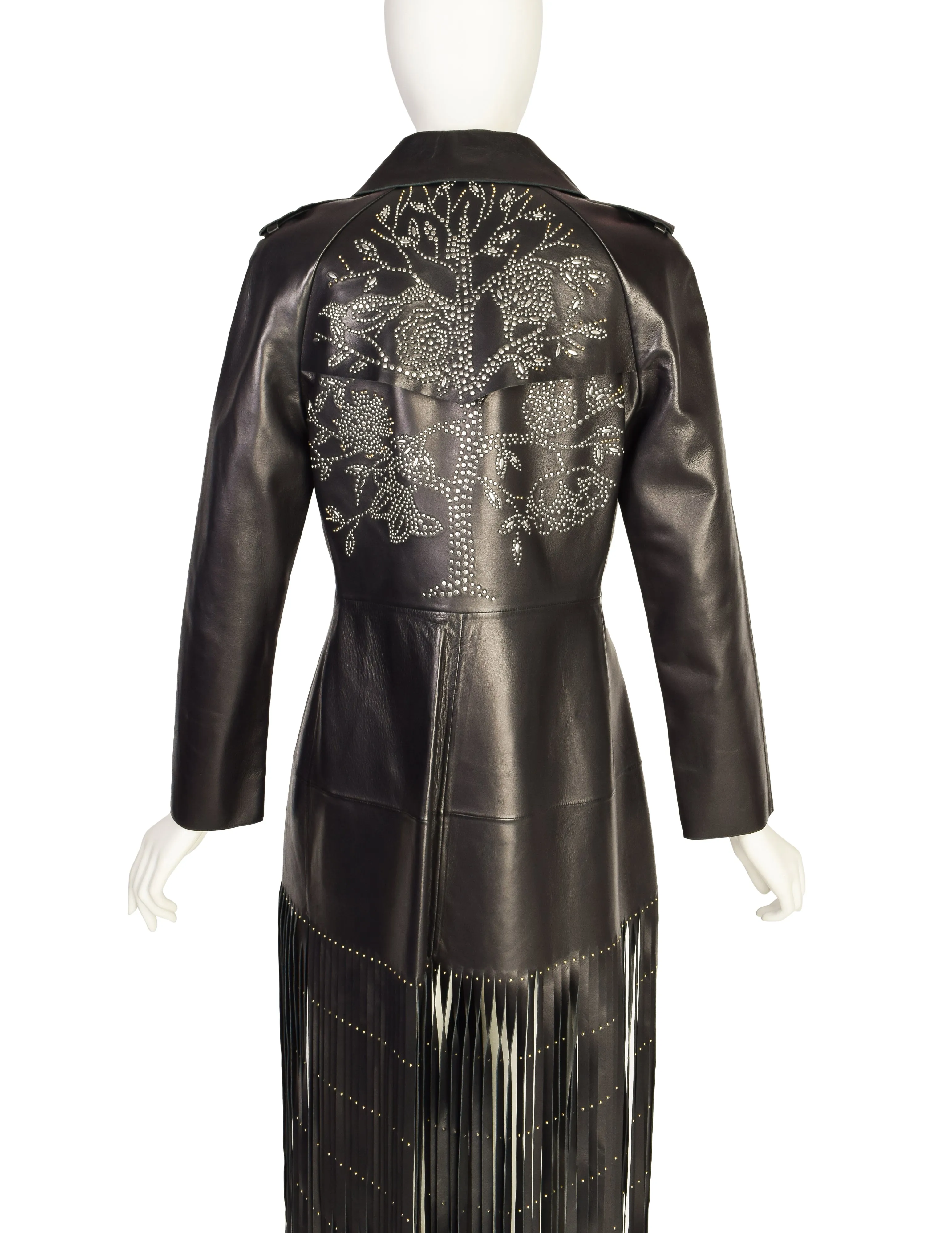 Valentino Resort 2015 REMARKABLE Black Leather Gold & Silver Studded 'Tree of Life' Fringe Trench Coat