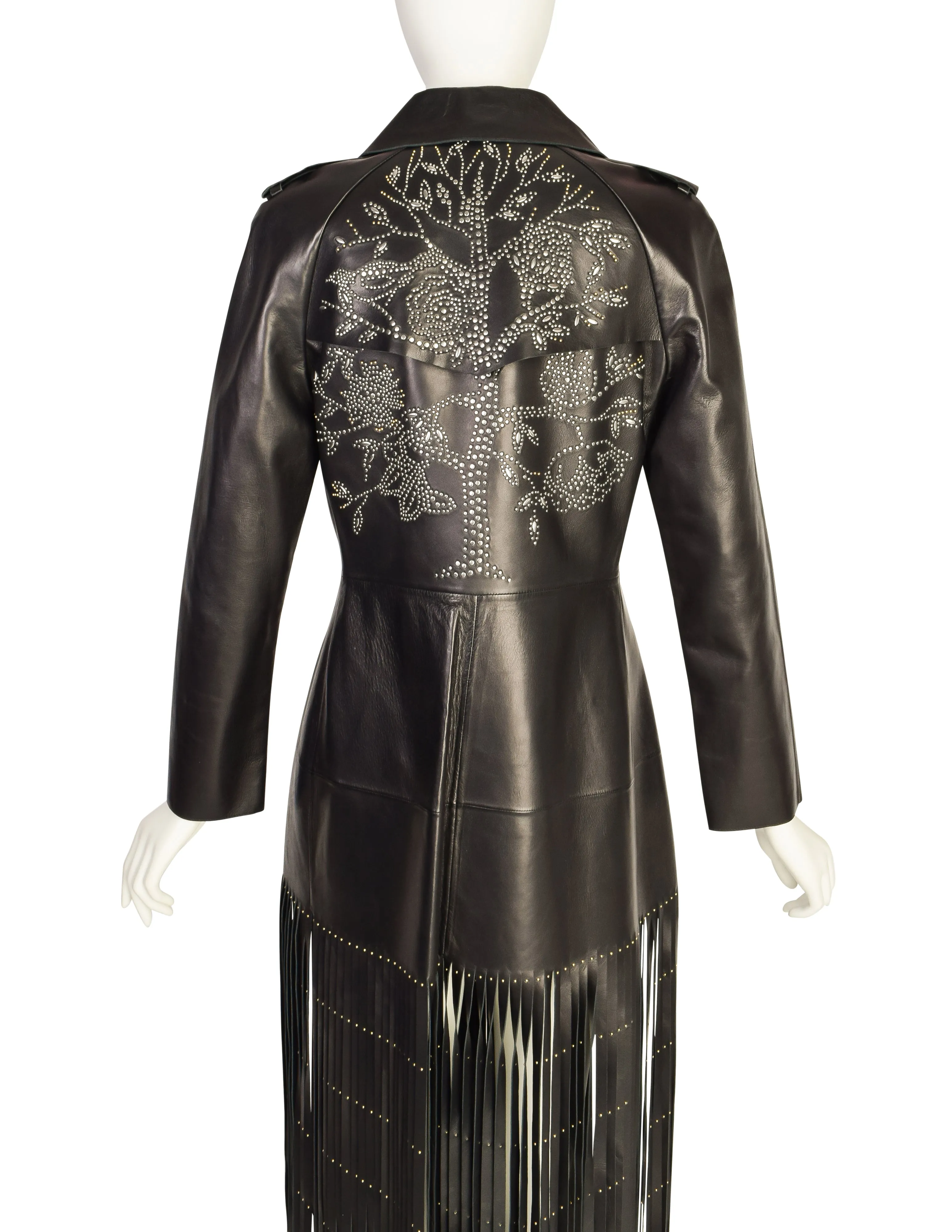 Valentino Resort 2015 REMARKABLE Black Leather Gold & Silver Studded 'Tree of Life' Fringe Trench Coat