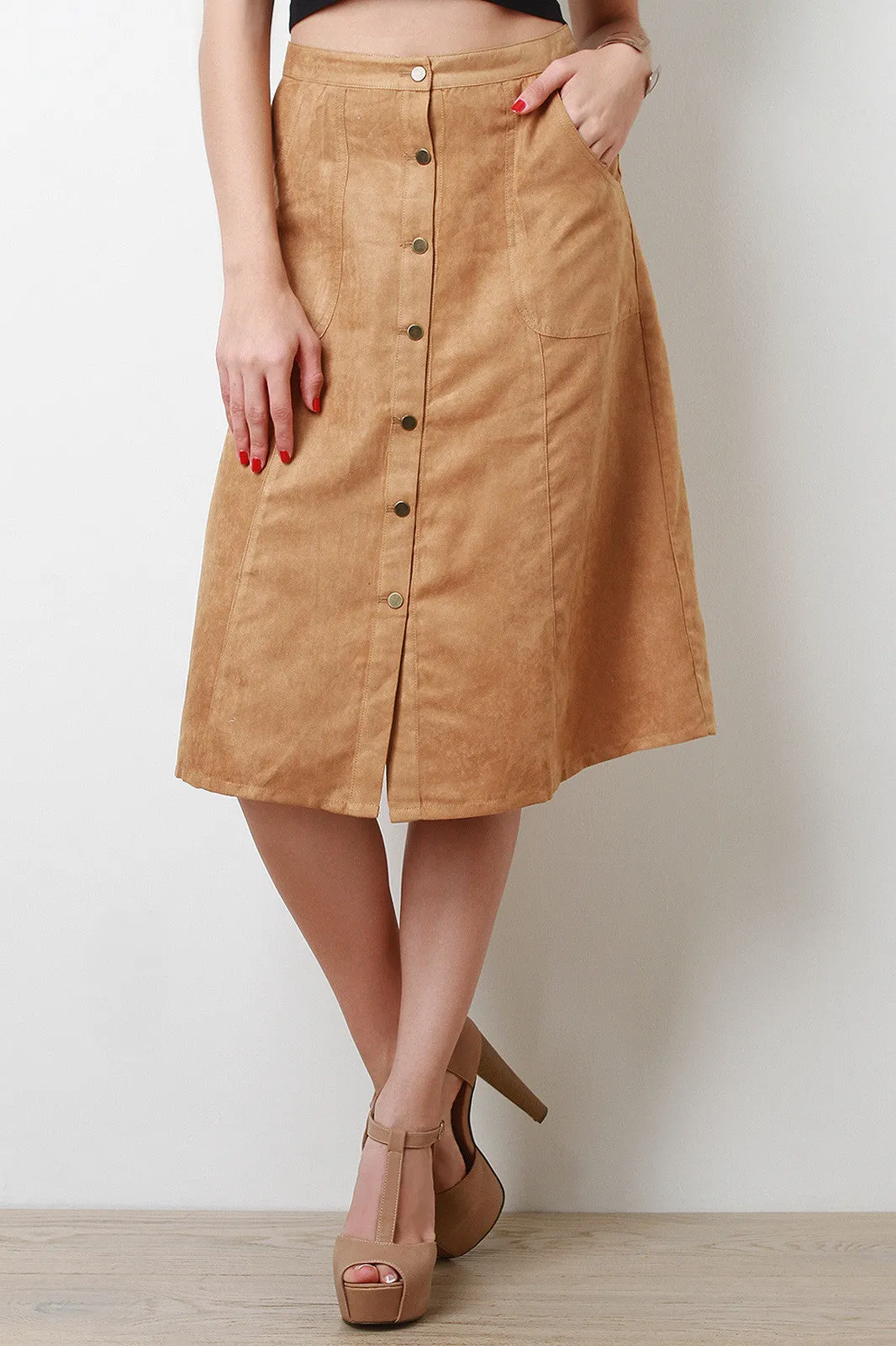 Vegan Suede Button Midi Skirt