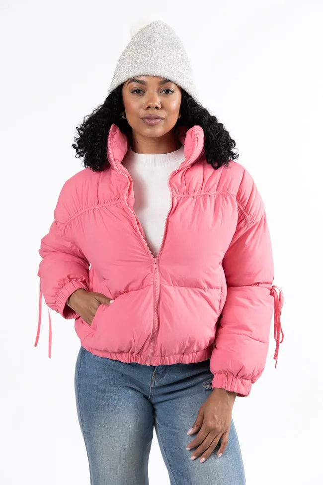 Where You'll Find Me Pink Bow Sleeve Puffer Jacket SALE