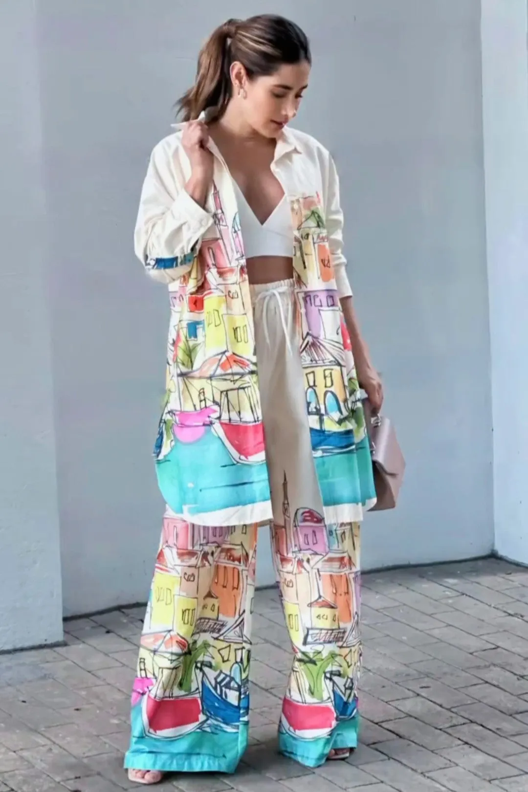 White Digital Printed Spanish Linen Co-Ord Set