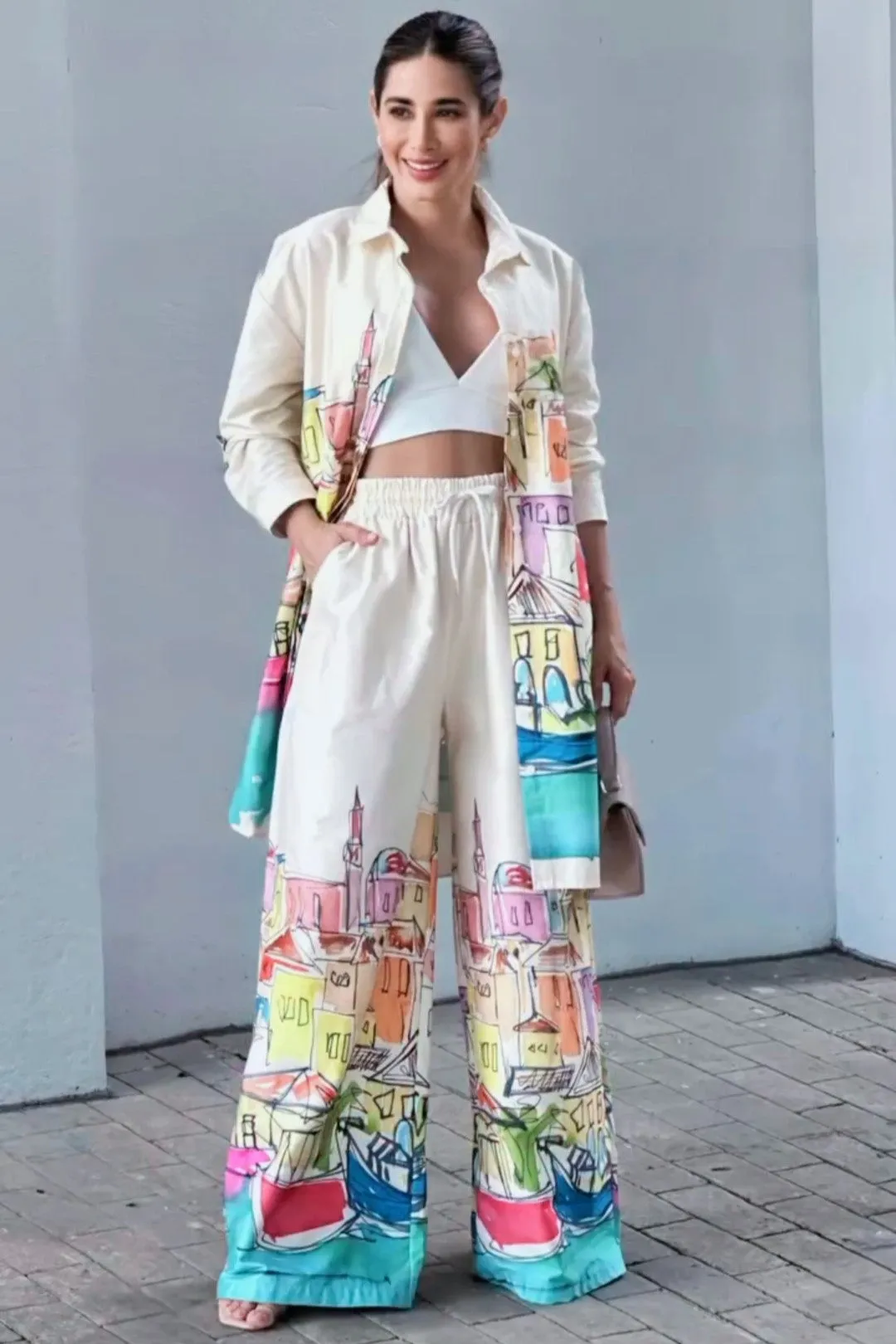 White Digital Printed Spanish Linen Co-Ord Set