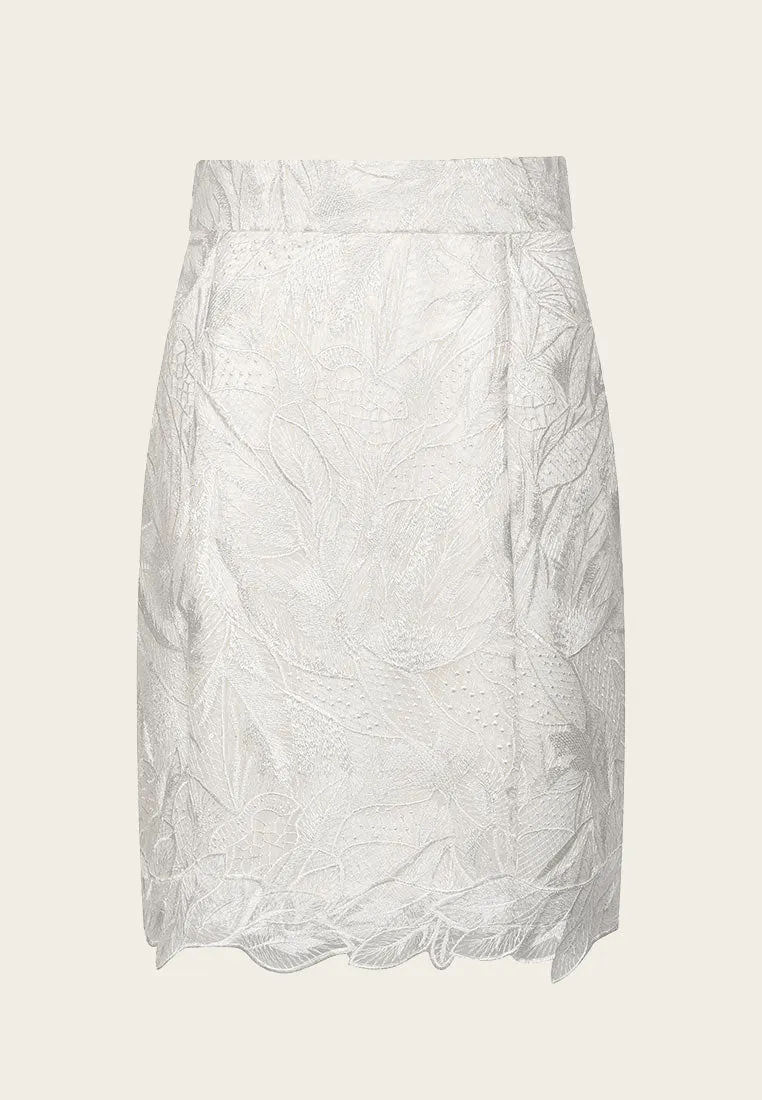 White Jacquard Lace A-line Midi Skirt