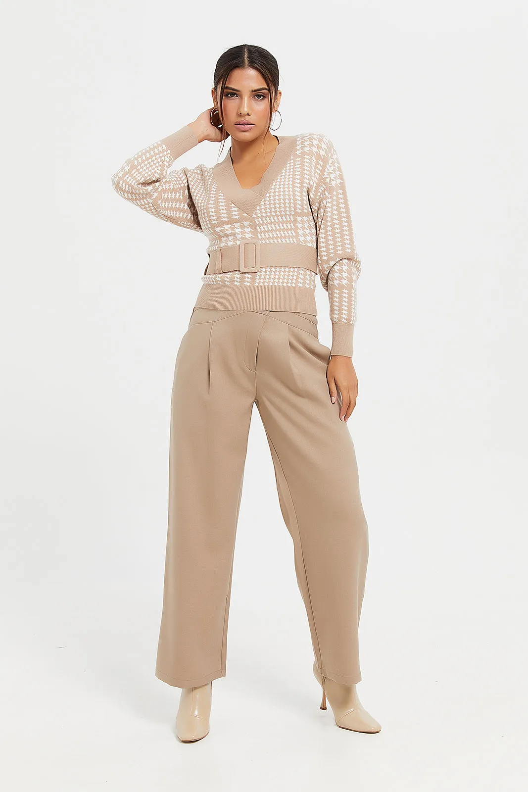 Women Beige Knitted Belted Pullover