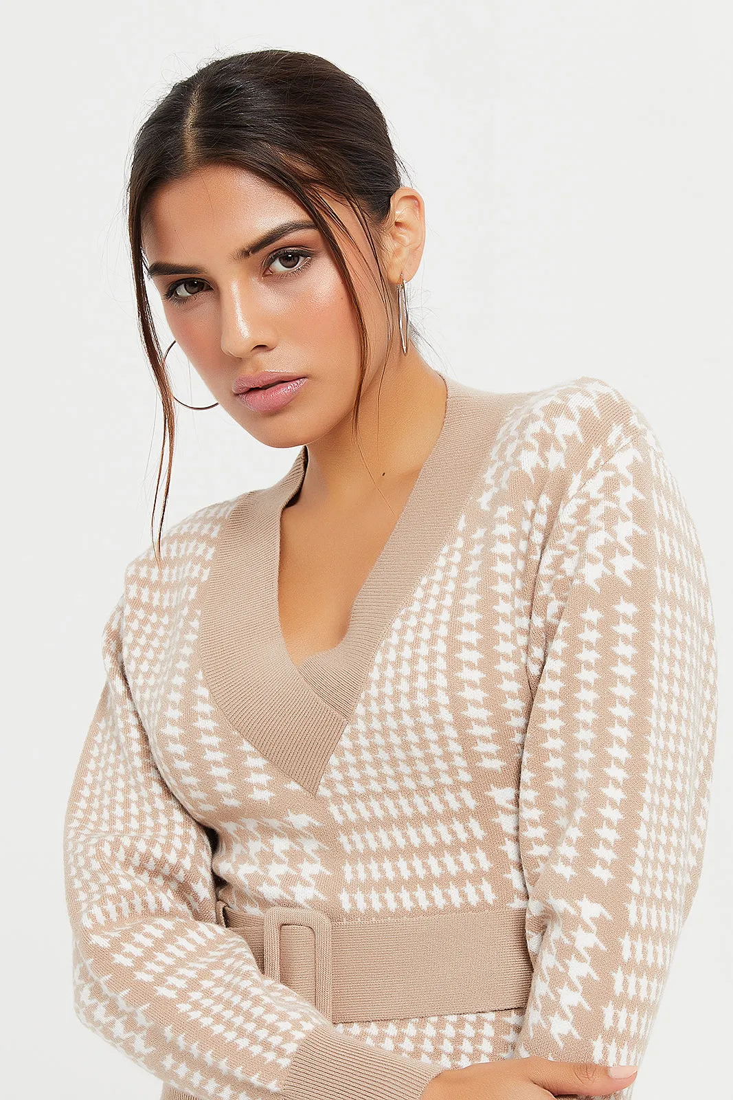 Women Beige Knitted Belted Pullover