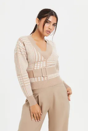 Women Beige Knitted Belted Pullover