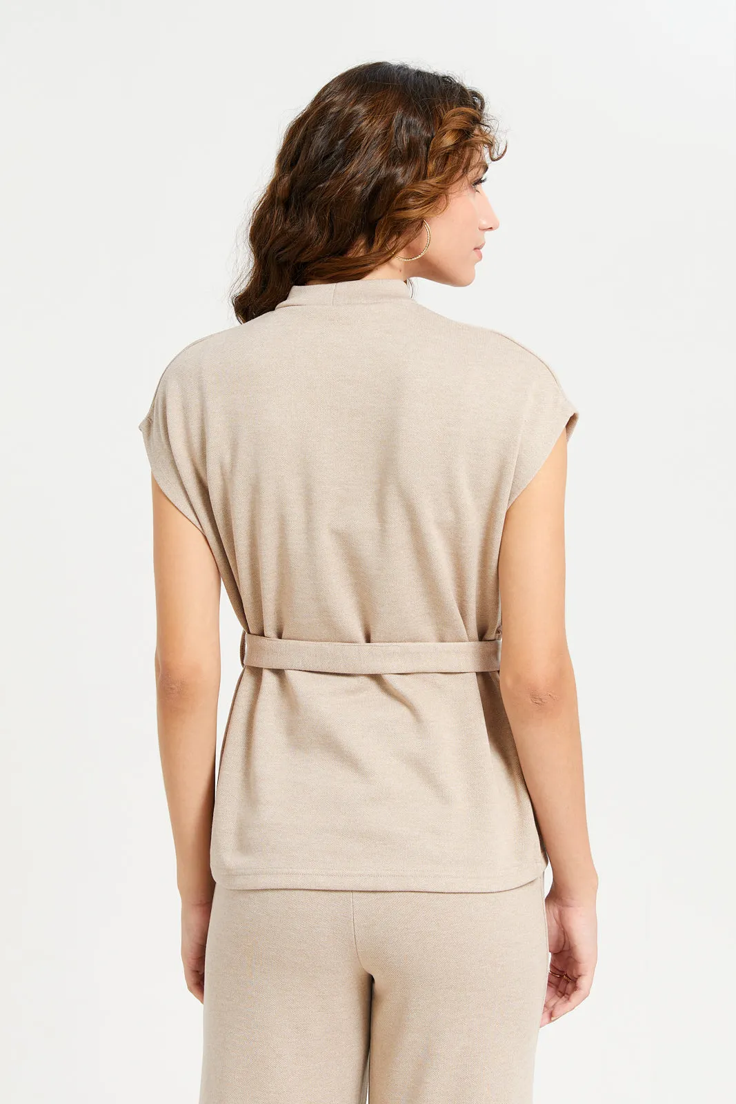 Women Beige Plain Knit Co-Ord Top