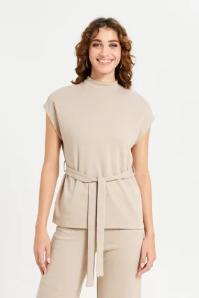 Women Beige Plain Knit Co-Ord Top