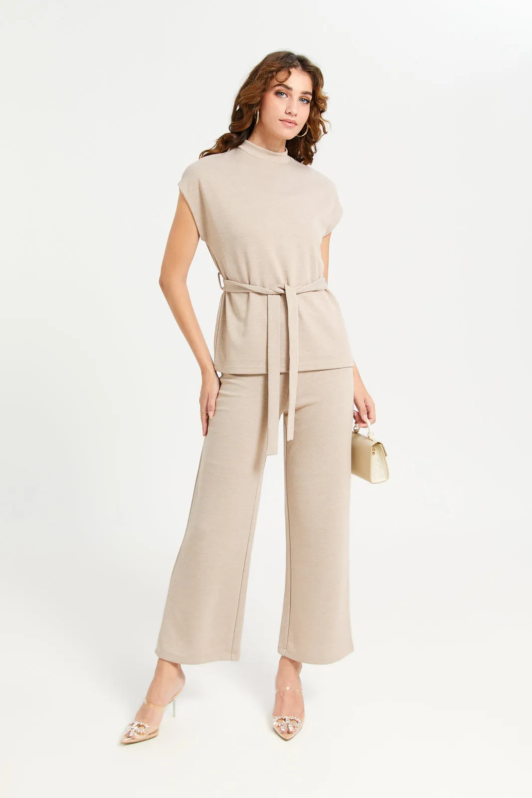 Women Beige Plain Knit Co-Ord Top