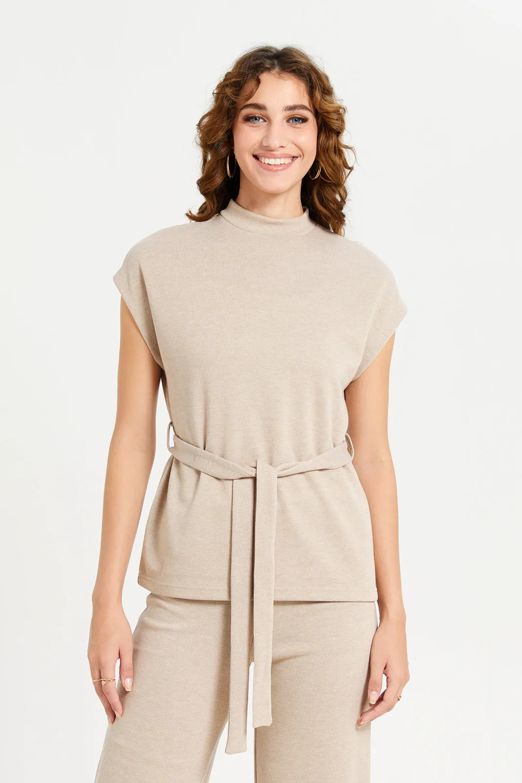 Women Beige Plain Knit Co-Ord Top