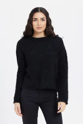 Women Black Fluffy Pullover