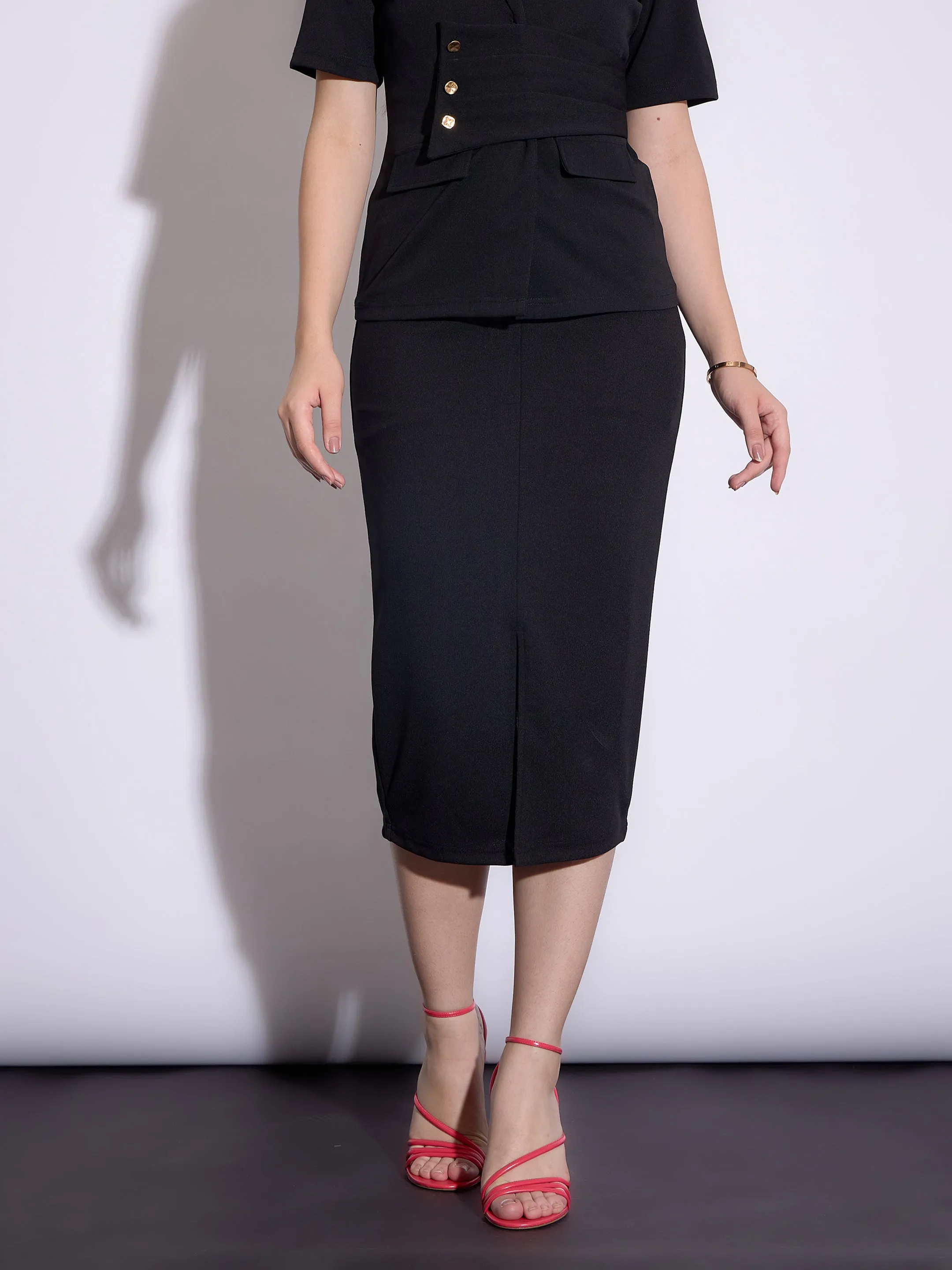 Women Black Front Slit Midi Skirt